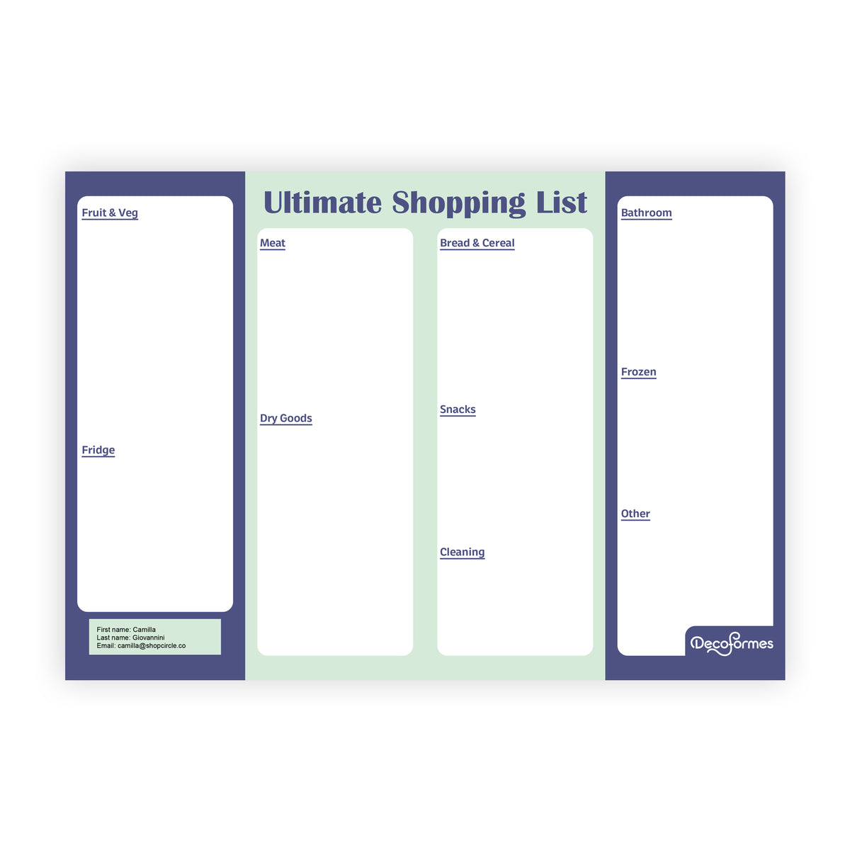 A four-column Ultimate Shopping List planner pad by Deco Formes, featuring purple-blue borders, a light green center background, and white writing areas for groceries, household items, and bathroom essentials.