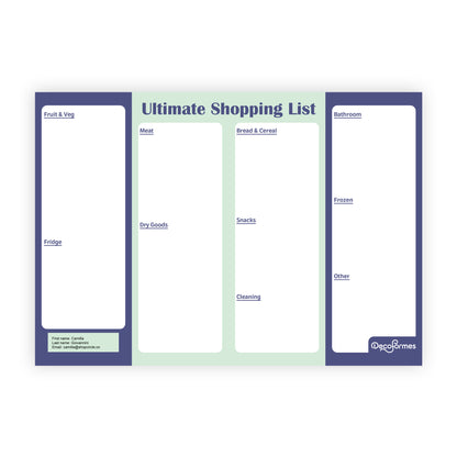 A four-column Ultimate Shopping List planner pad by Deco Formes, featuring purple-blue borders, a light green center background, and white writing areas for groceries, household items, and bathroom essentials.