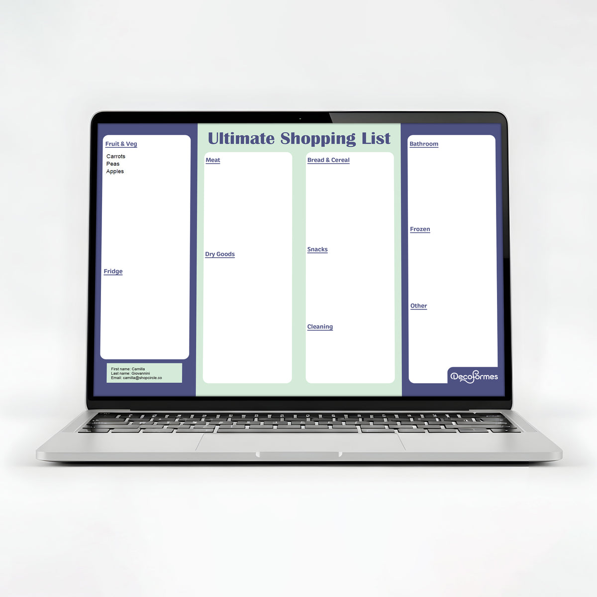 A silver laptop on a white background displaying a digital shopping list template on screen.
