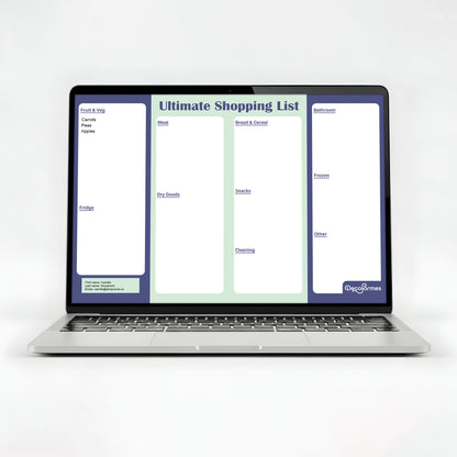 A silver laptop on a white background displaying a digital shopping list template on screen.