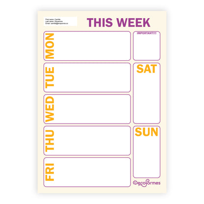 A blank weekly planner sheet with labelled boxes for Monday through Sunday, an important note box, and a header reading 'THIS WEEK' in purple. The sheet has a cream background with purple and orange text and outlines.