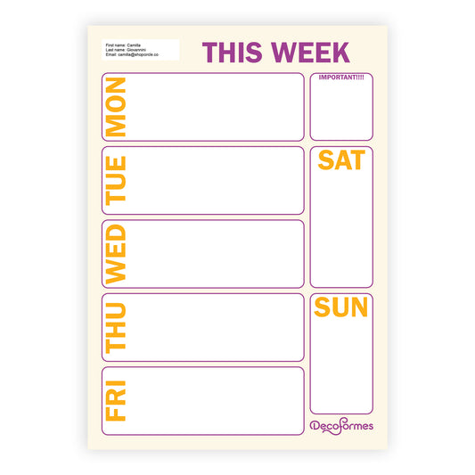 A blank weekly planner sheet with labelled boxes for Monday through Sunday, an important note box, and a header reading 'THIS WEEK' in purple. The sheet has a cream background with purple and orange text and outlines.