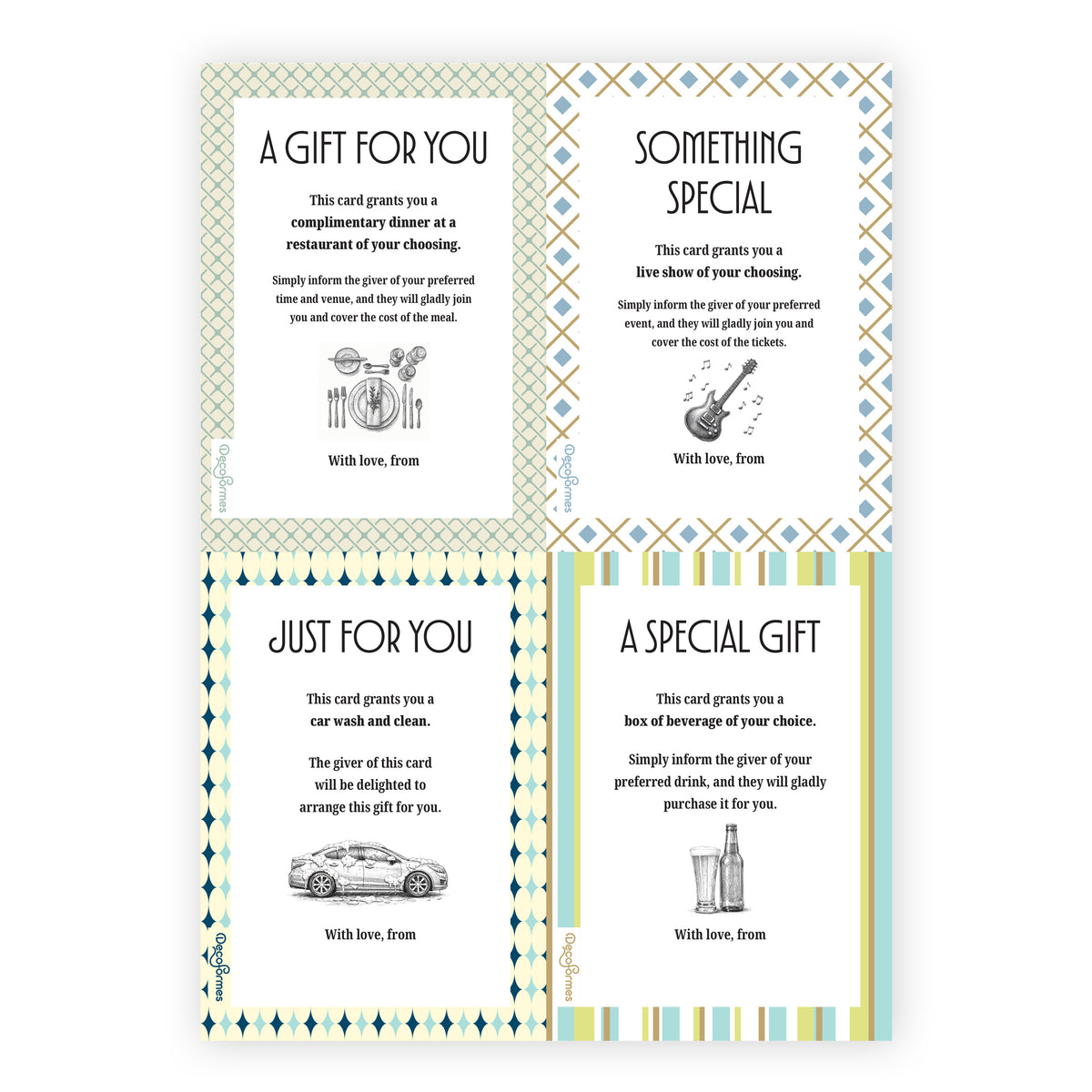 Four gift card designs arranged in a 2x2 grid on a white background. The cards feature different gifts on each one, such as a car wash, a fancy dinner, a live show and a carton of the recipient's favourite beverage.