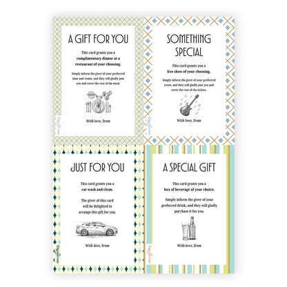 Four gift card designs arranged in a 2x2 grid on a white background. The cards feature different gifts on each one, such as a car wash, a fancy dinner, a live show and a carton of the recipient's favourite beverage.