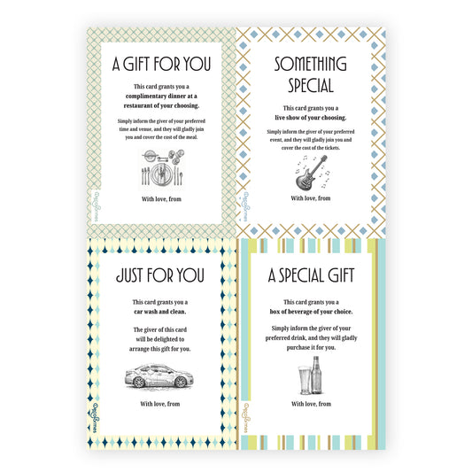 Four gift card designs arranged in a 2x2 grid on a white background. The cards feature different gifts on each one, such as a car wash, a fancy dinner, a live show and a carton of the recipient's favourite beverage.