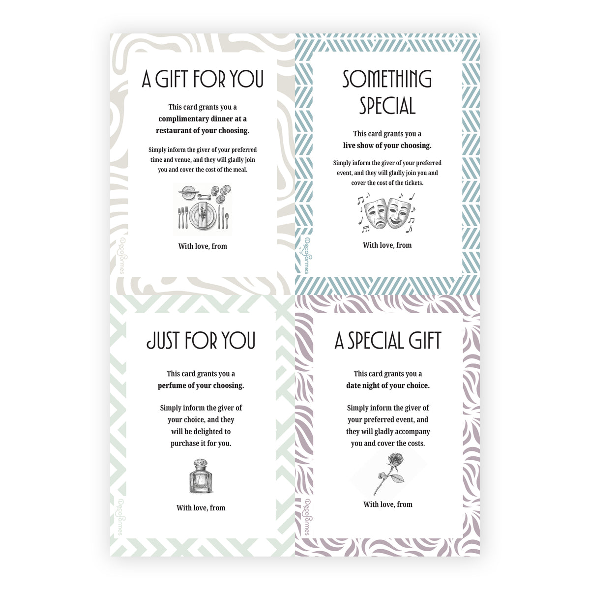 Four gift cards arranged in a 2x2 grid on a white background, each for a different gift, such as a fancy dinner, a live show, a bottle of perfume and a date night.
