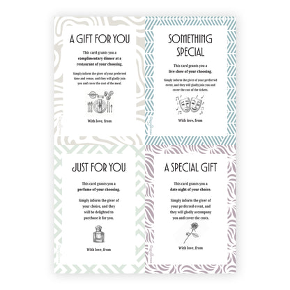 Four gift cards arranged in a 2x2 grid on a white background, each for a different gift, such as a fancy dinner, a live show, a bottle of perfume and a date night.