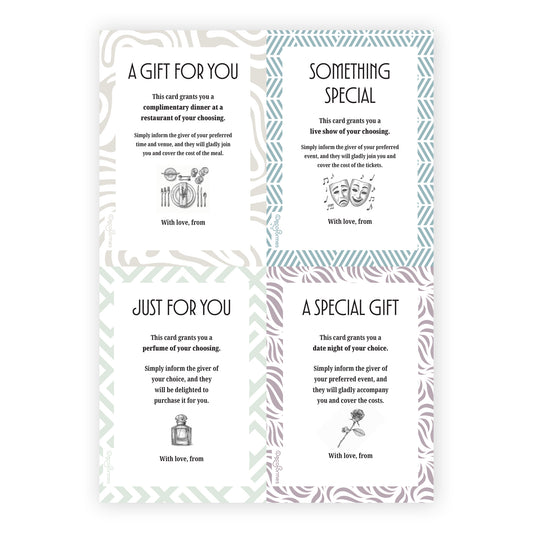 Four gift cards arranged in a 2x2 grid on a white background, each for a different gift, such as a fancy dinner, a live show, a bottle of perfume and a date night.