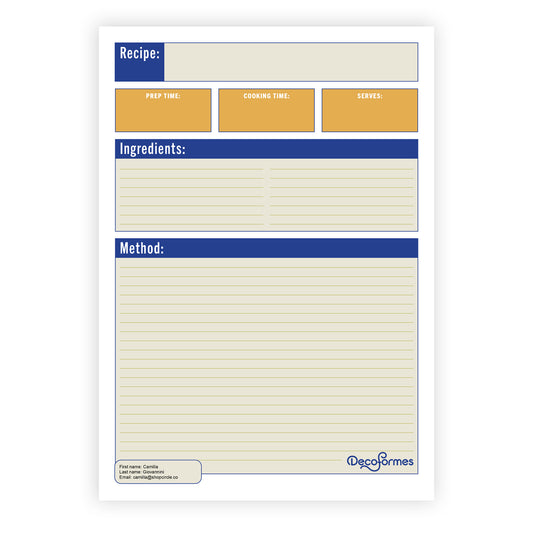 A blank recipe card by DecoFormes featuring a clean white layout with blue and yellow-orange printed sections for recipe details, ingredients, and cooking method.