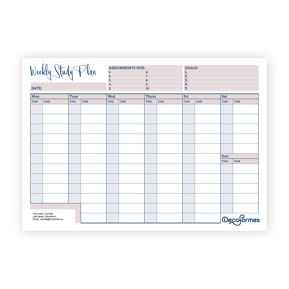 A weekly study planner sheet from Deco Formes, featuring sections for assignments due, goals, and a detailed daily timetable from Monday to Sunday. The design uses a soft color palette of dusty pink, light blue, and white.