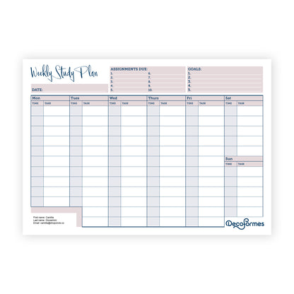 A weekly study planner sheet from Deco Formes, featuring sections for assignments due, goals, and a detailed daily timetable from Monday to Sunday. The design uses a soft color palette of dusty pink, light blue, and white.