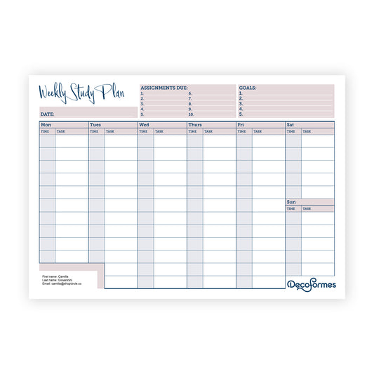 A weekly study planner sheet from Deco Formes, featuring sections for assignments due, goals, and a detailed daily timetable from Monday to Sunday. The design uses a soft color palette of dusty pink, light blue, and white.